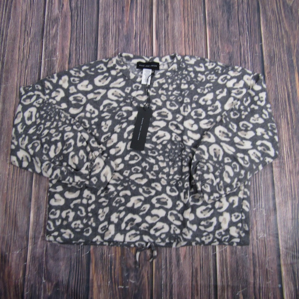 know.one.cares Sweater Womens Large Gray Leopard Drawstring Pullover USA T6323